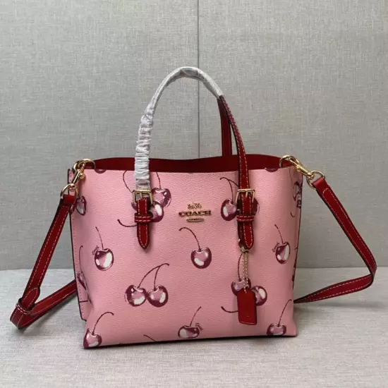 Brand New COACH CR293 Mollie Tote 25 Shoulder Bag Canvas Leather Cherry Pink 