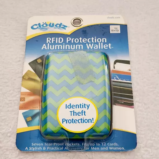 Aluminum RFID Protection Wallet Zig Zag Pattern Green Blue New With Tags Sealed