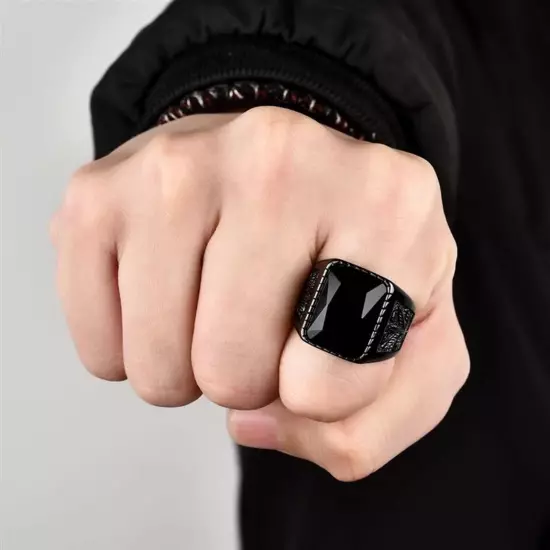 Stainless Steel Men's Ring Gemstone Hip Hop Style Black Jewelry Gift