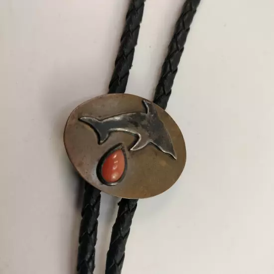 17" VTG Bolo TIE Copper Silver Dolphin Coral Black Leather Cord Lightweight 