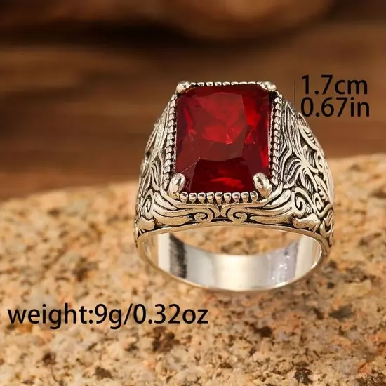 Red Zircon Men's Ring Retro Style Silver Color Pattern Wedding Band Jewelry Gift