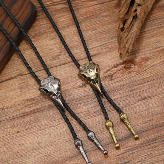 2PCS Men BOLO Tie Vintage Viking Crow Wedding Pendant Necklace Alloy Western