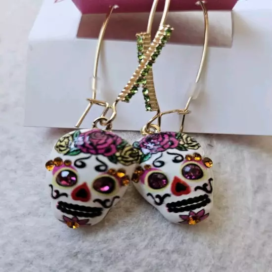 Betsey Johnson Stone Sugar Skull Dangle Earrings.