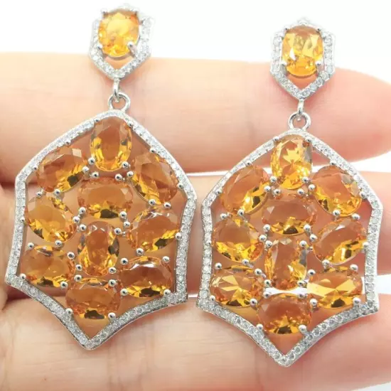 Fancy Long Big Created Golden Citrine White CZ Ladies Present Silver Earrings