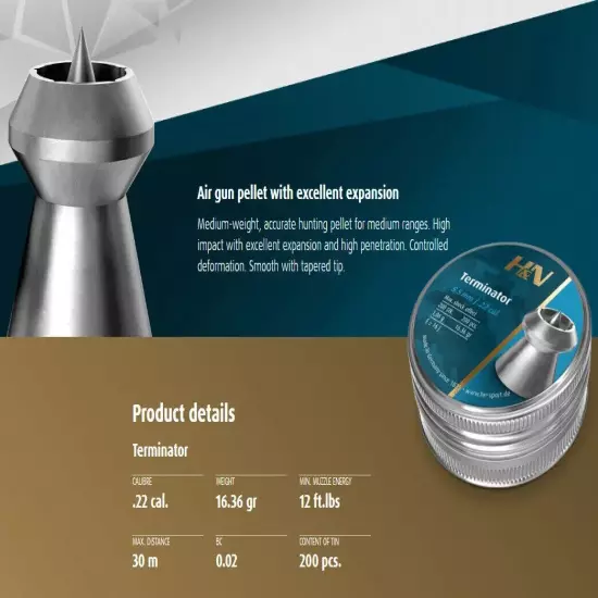H&N Sport Terminator Hollowpoint .22 Cal Airgun Pellets 16.36 grains 200 Count