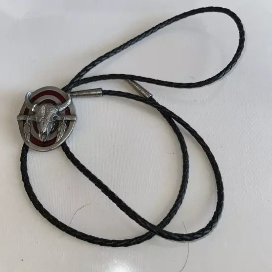 Vintage Siskiyou Pewter Bolo Tie Bull Target Braided Black Leather 1987