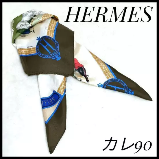 HERMÈS Scarf Carres 90 Brown Blue Silk Horse Pattern Women France