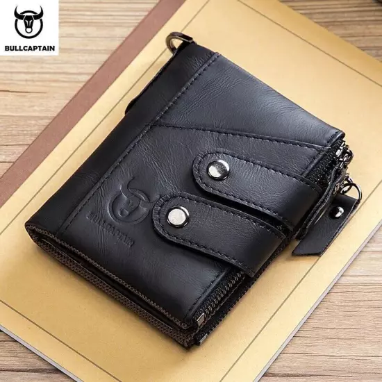 BULLCAPTAIN Men RFID Blocking Leather Card Holder Zipper Wallet Anti-theft Chain