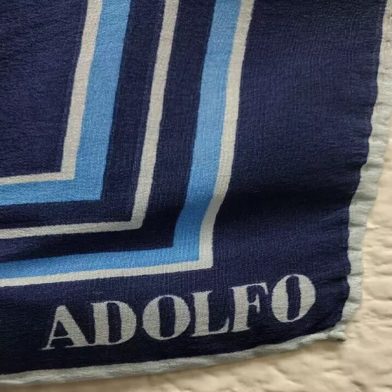 ADOLFO SCARF FINE SILK NAVY Baby BLUE STRIPED VINTAGE 80s MENS Silk HANDKERCHIEF