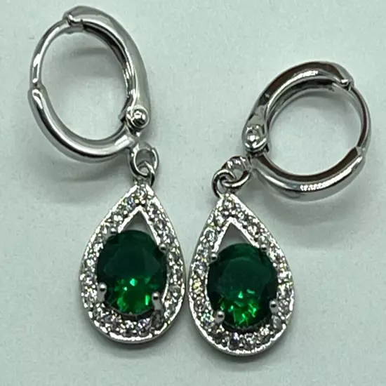 Earrings. Silver Tone Emeral Green Crystal w Clear Crystal Opal Shape Frame.