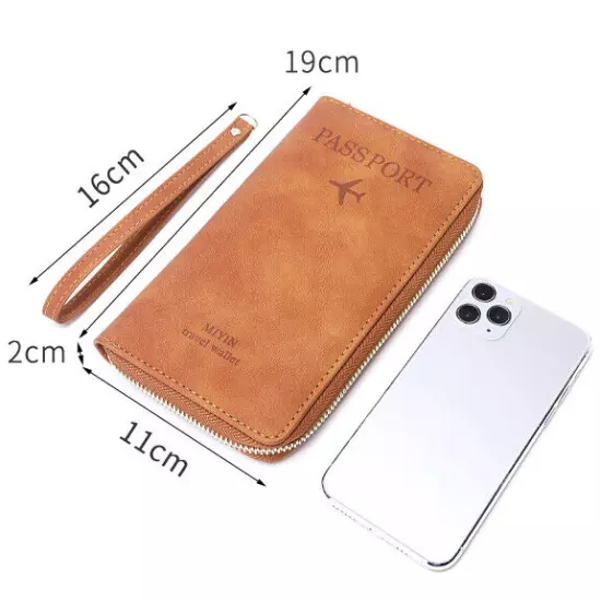 RFID Leather Travel Passport Case Cover Zipper Wallet Card Holder with Wristband