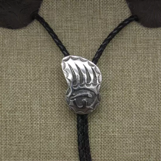 Navajo Sterling Silver Etched Bear Paw Bolo Tie By Kenneth Jones