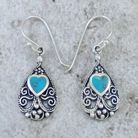 PRETTY .925 STERLING SILVER TURQUOISE FILIGREE DROP EARRINGS style# e1155