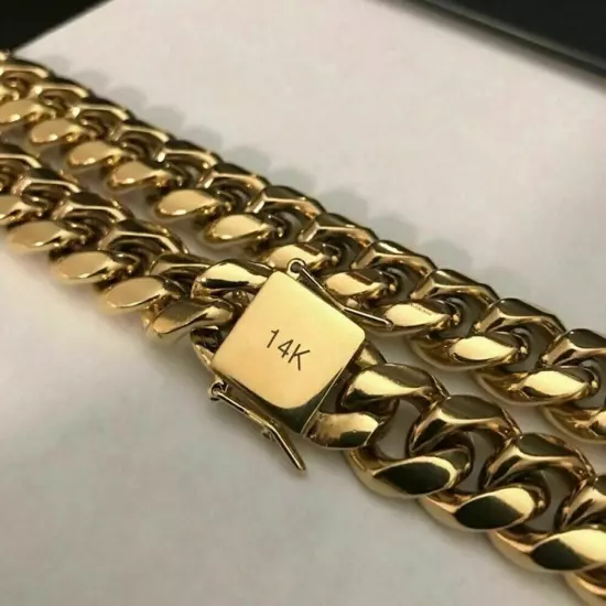 Men's Solid Miami Cuban Link Bracelet Chain 14K 18K Gold Plated Stainless Steel