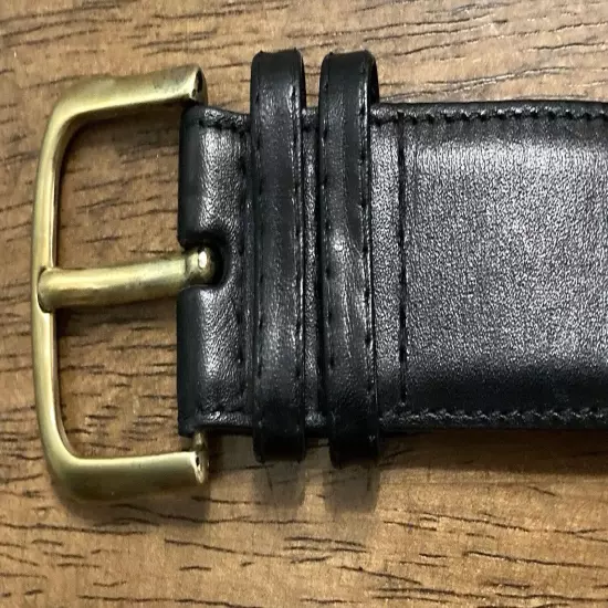 Men's VTG Black Glove Leather Belt Sz 40 1-1/8”Wide Brass Bkl Stitched GUC