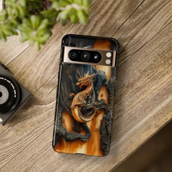 For iPhone, Samsung Galaxy, Pixel - Phone Case Cover - Carved Wood Dragon Print