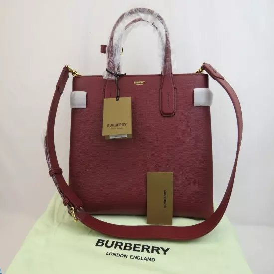 $1790 BURBERRY MD BANNER CRIMSON LEATHER CHECK CANVAS SHOULDER MEDIUM TOTE BAG