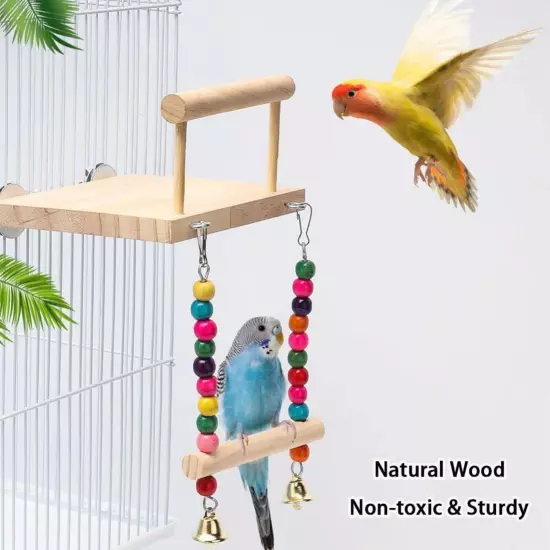 Bird Platform Wooden Parakeet Toys With Swing for Cage Bird Perches With Rattle