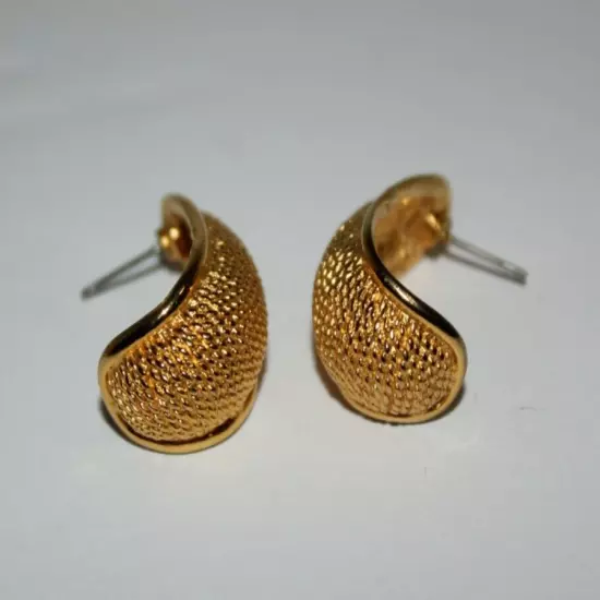 Vtg. AK Anne Klein Half Hoop Textured Gold Tone Pierced Earrings 1.25", Signed