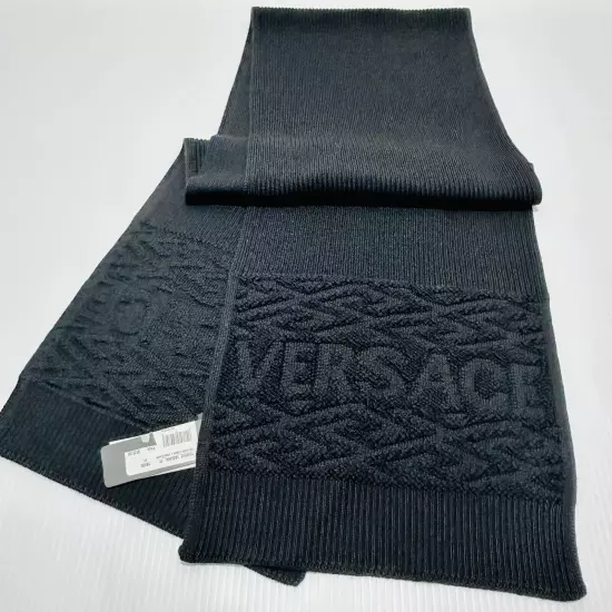 Authentic Versace Greca Wool Black Thick Knit Scarf Shawl Size 72"x12" NWT $525