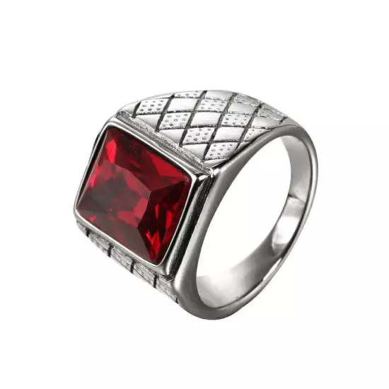 Vintage Men's Red Square CZ Wedding Ring Stainless Steel Classic Signet Ring