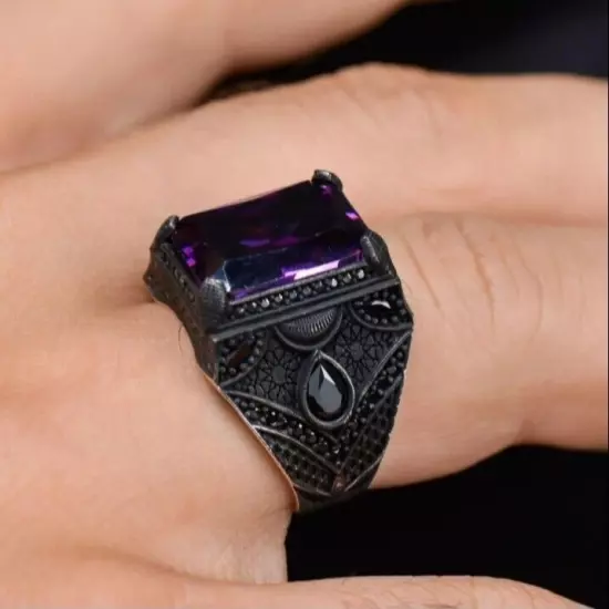 Handmade Genuine Natural Ametist Amethyst Vintage 925 Sterling Silver Men Ring