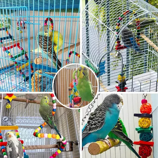 Bird Toy Wood Parrot Toys Set Cage Bird Swing Suspension Bridge Ball Cage Bells