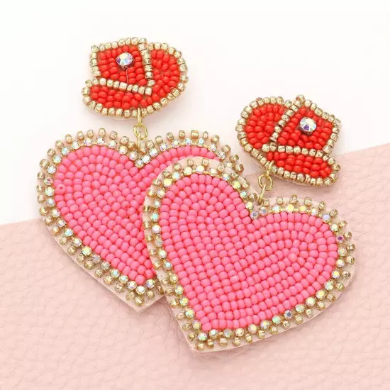 Pink Felt Back Beaded Hat Heart Link Dangle Earrings