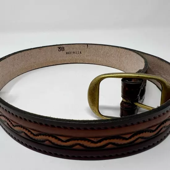 Vintage Men's Brown Brass Buckle Hand-Tooled Leather Belt Size 38