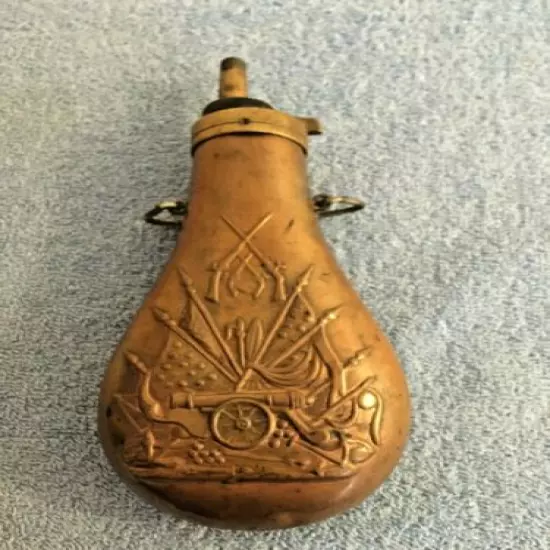 VINTAGE COPPER & BRASS GUN BLACK POWDER FLASK US CIVIL WAR CANNON MUSKETS & FLAG