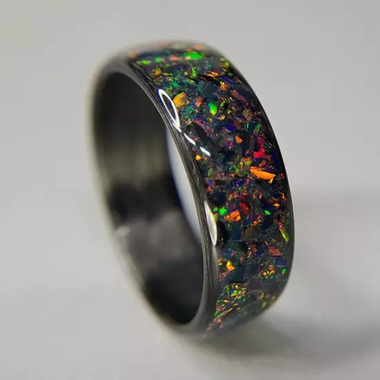 Carbon Fiber Ring with Fire Opal inlay - Handcrafted - Sizes 4-16 - Custom Width