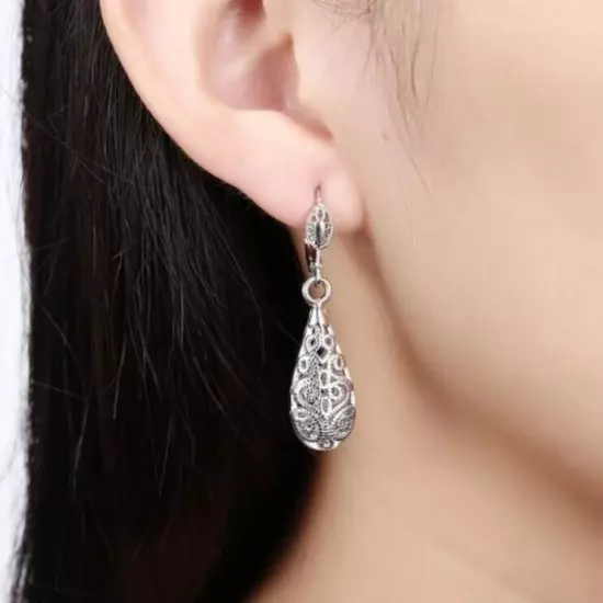 18K White Gold Filled Elegant Women Filigree Drop Earrings VINTAGE Look 