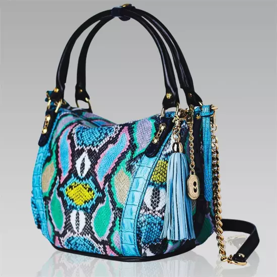 Marino Orlandi Hobo Slouchy Purse Tote Peacock Blue Python Embossed Leather Bag