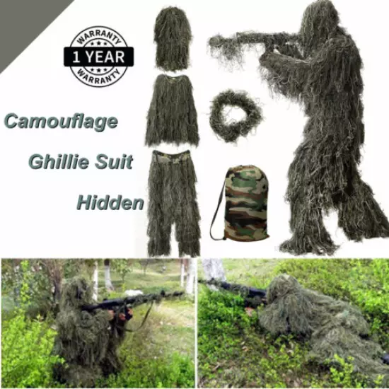 3D Ghillie Suit Camo Woodland Camouflage Forest Hunting 4-Piece + Bag（SM/ML/XL）