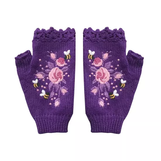 Women Handmade Embroidery Gloves Knit Gloves Flower Gloves Hand Knit Fingerless