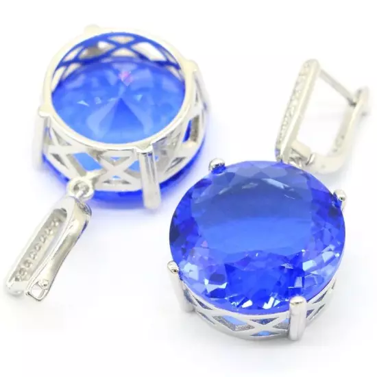 Big Gemstone Rich Blue Violet Tanzanite CZ Women Dating Silver Earrings 