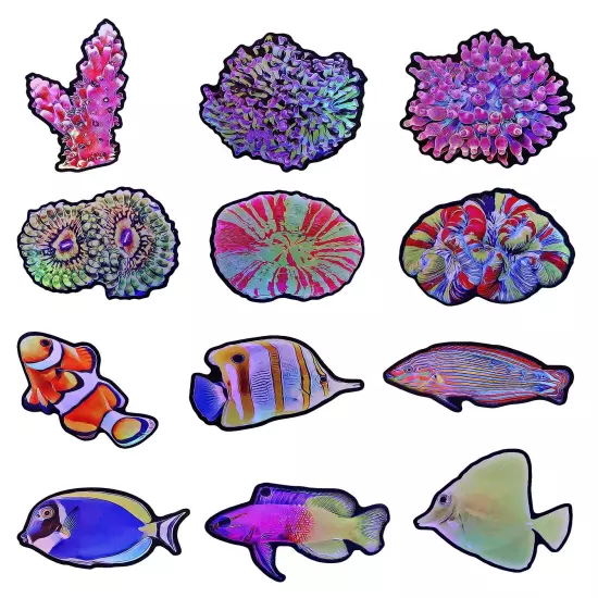 12-Pack Reef Tank Fish Corals Stickers Holographic Shiny Coral for Luggage La...