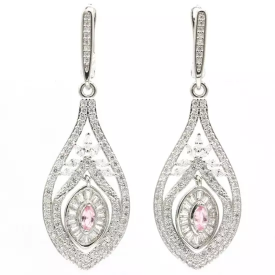 Romantic Pink Morganite White CZ Jewelry For Woman's Silver Earrings 