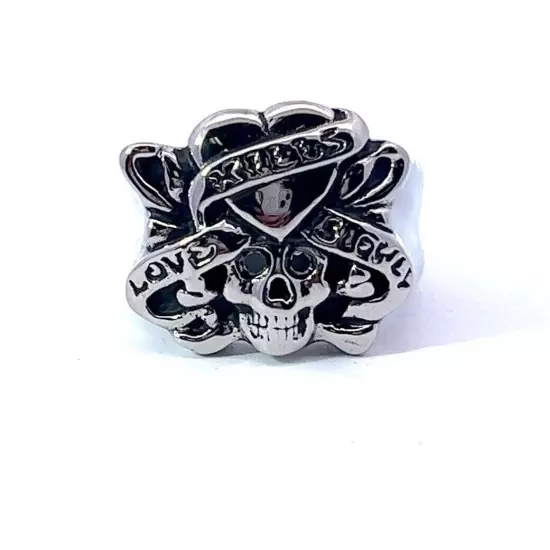 Ed Hardy "Love Kills Slowly" Enhanced Black Diamond Stainless Steel Skull Ring