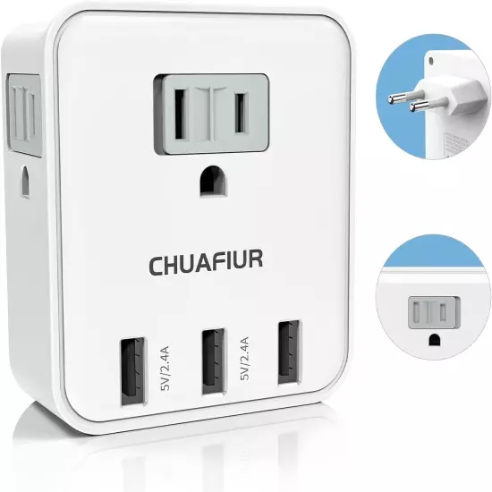 European Plug Adapter Travel Power Plug Adapter with 4 Outlets 3 USB Ports