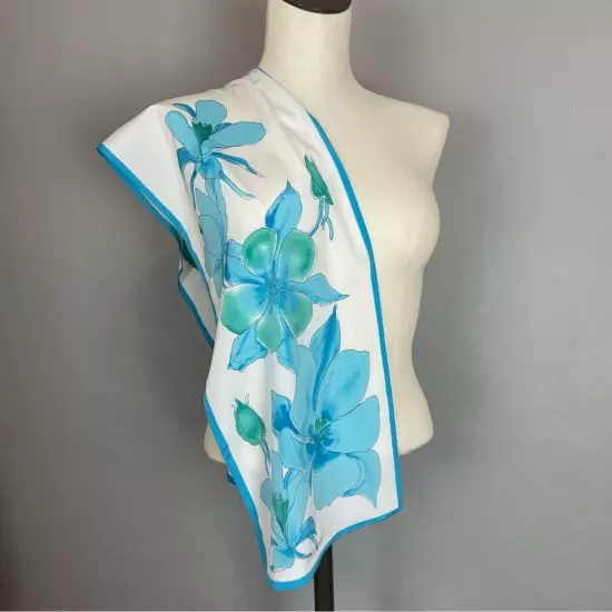 Vintage Vera Neumann Scarf Floral Rectangular White Bright Blue Delicate Long