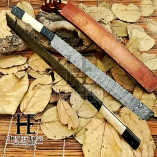 HUNTEX Handmade Damascus Blade,Camel Bone,70 cm Long Full-Tang Tanto Short Sword