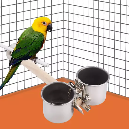 Stainless Steel Bird Food Water Bowl Feeder Cups with Clip and Parrot Cage Stand