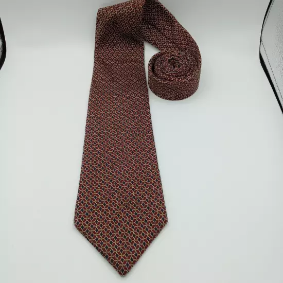 Brooks Brothers Makers Mens Silk Foulard Tie-Burgundy Navy Gold 60" Necktie Vtg