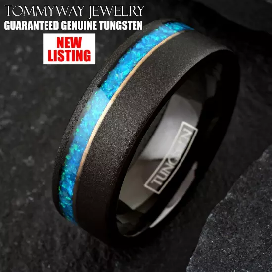 8mm Black & Rose Gold Plated Tungsten Carbide Blue/Teal Opal Wedding Band Ring