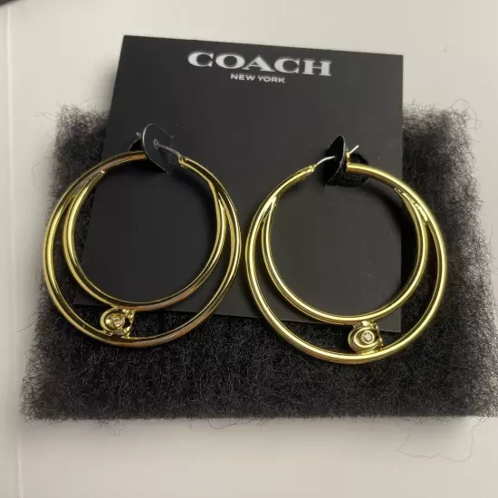 Earrings Coach Double Hoop Gold With Crystal In The Signature C New With Tags