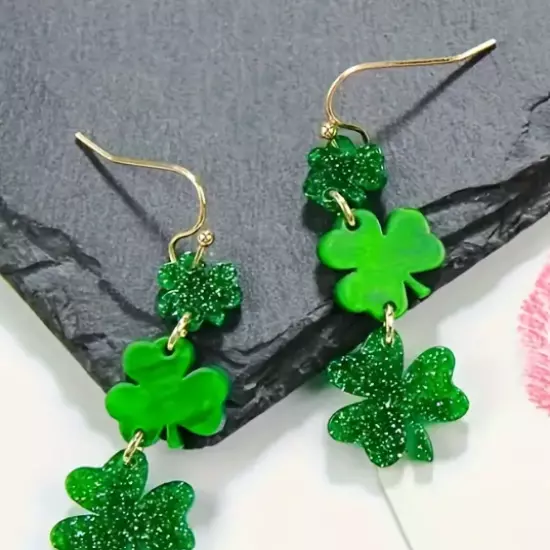 Three Green Shamrocks Resin Dangle Earrings w/gold tone hooks