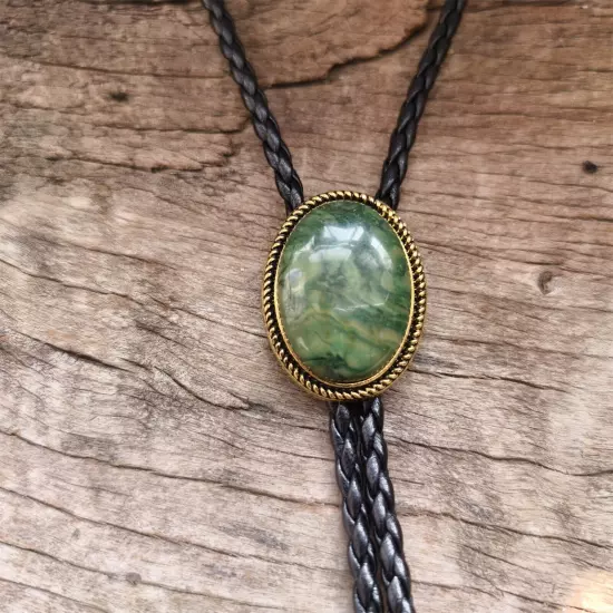 Golden Green Forest Jade Bolo Tie Wedding Necklace for Men Women Western Cowboy