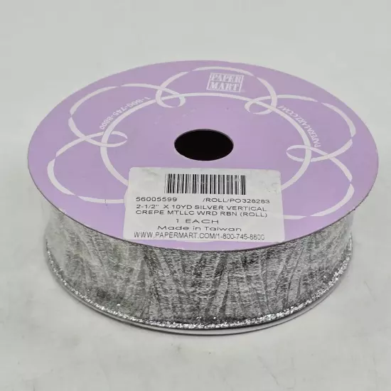 NEW Paper Mart Crepe Metallic Silver Ribbon, 10 Yards, 2.5" Wide 56005599 Craft