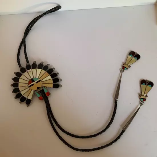 Vintage Zuni Anna Lee Tekala Native American Multi-Gemstone Sun Face Bolo Tie